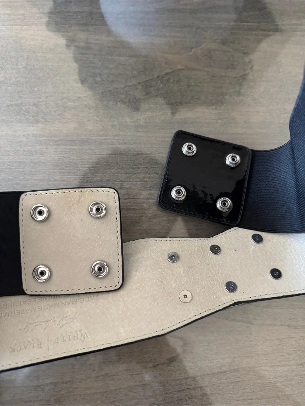 White House Black Market Black Leather Belt with Silver Design